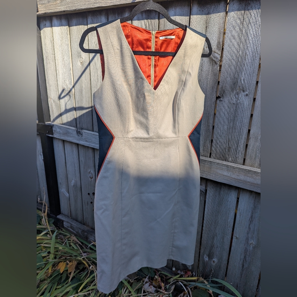 T Tahari Chic Beige and Navy Dress With Orange Liner And Piping Details